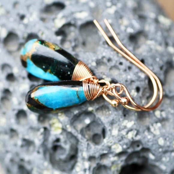 Natural Obsidian Copper Turquoise Earrings Handmade 14k Rose Gold Filled - Picture 11 of 12
